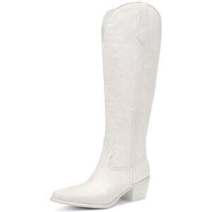 ⚡Womens White Polyurethane Cowboy Knee High Pointed Toe Chunky Heel Boots